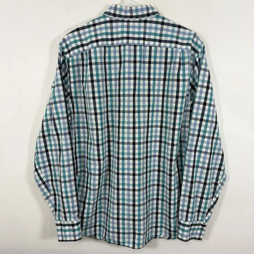 J.Crew Button Down Shirt Mens Large Blue Teal Black Gingham Check Long Sleeve